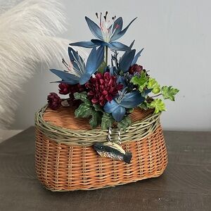Wicker Basket with Blue and Red Floral Arrangement Cottagecore Grandmacore Decor